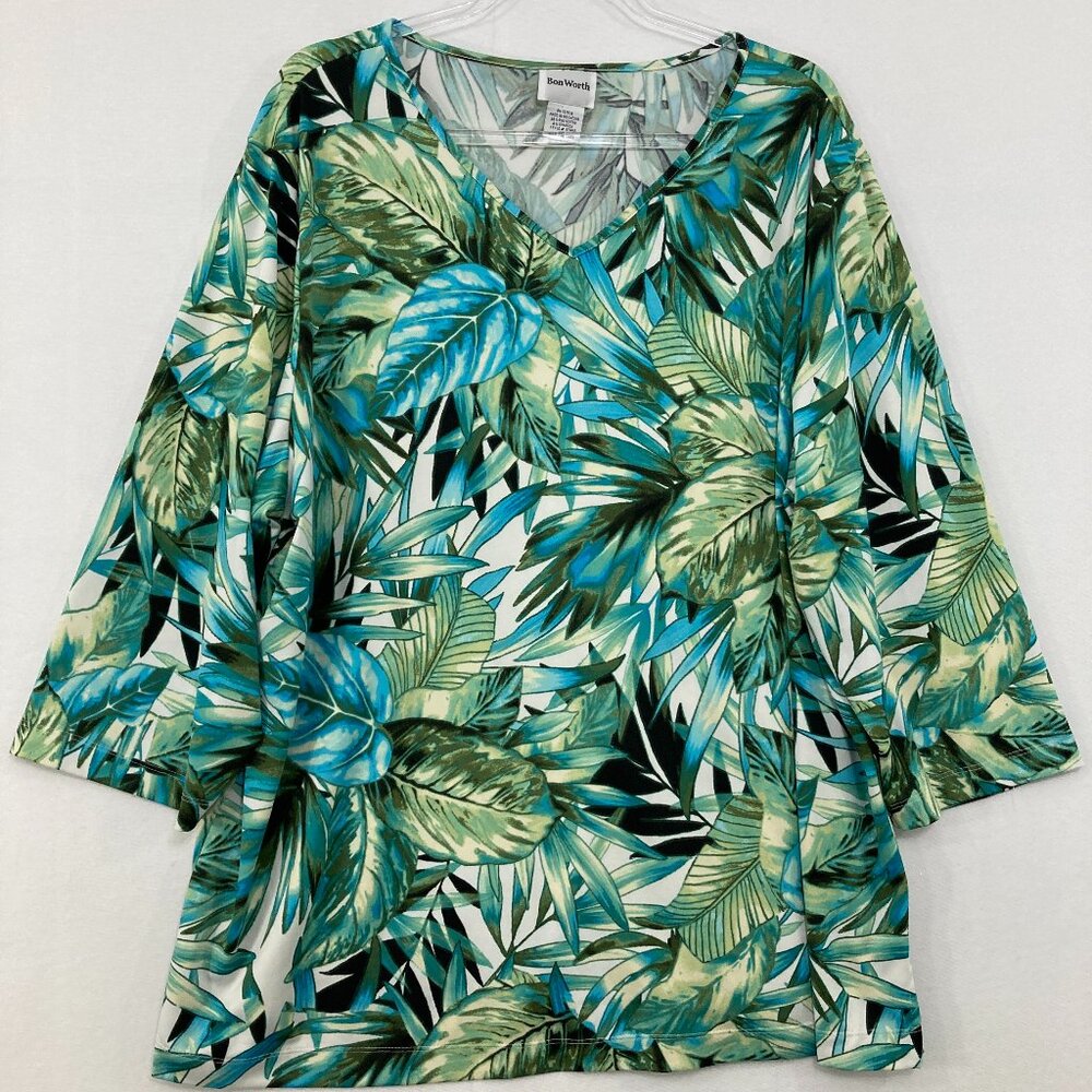 Bon Worth size XXL Leaf Print Novelty Artsy V Neck 3/4 Sleeve Stretch Knit Top